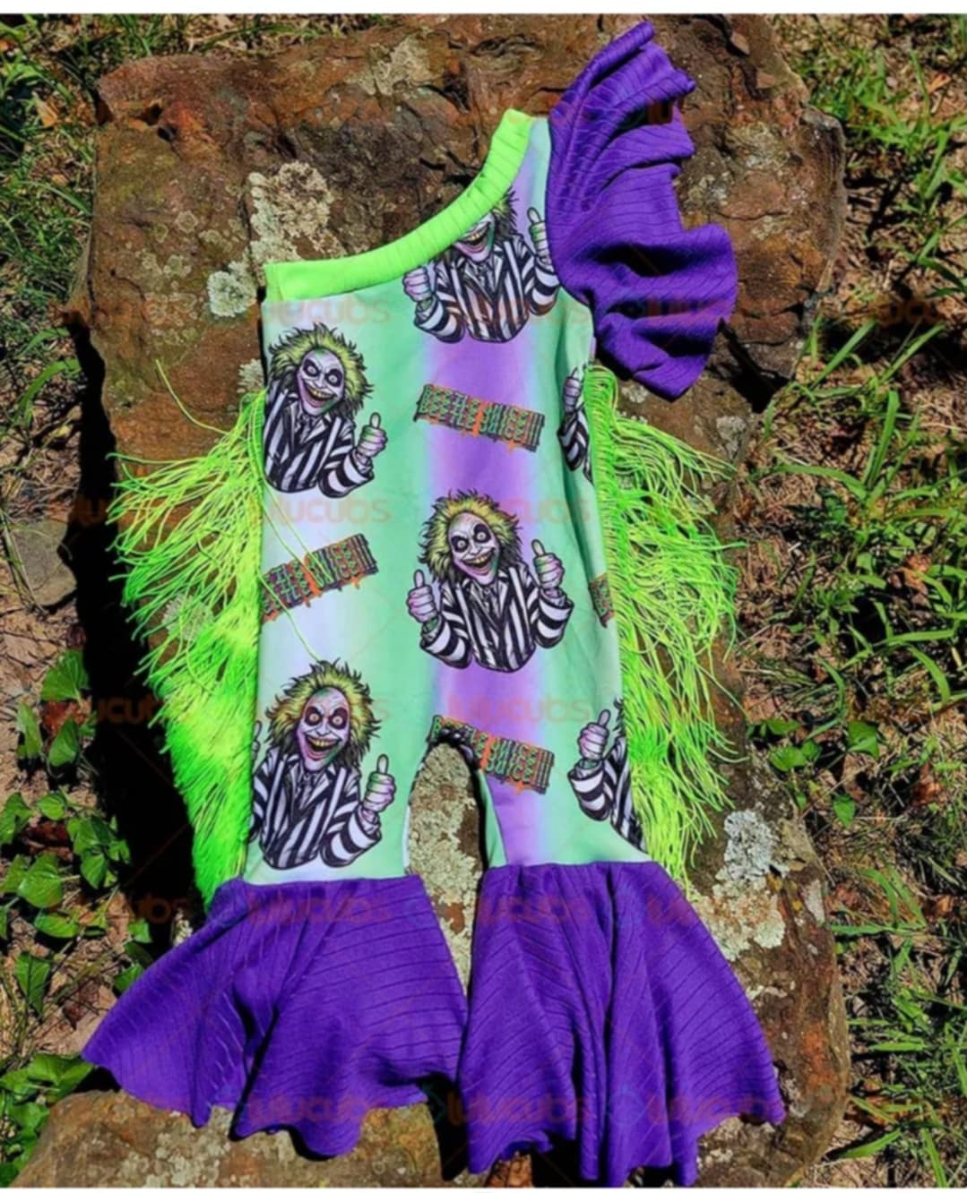 SR1944 Halloween purple green tassel sibling girl romper 202410 RTS