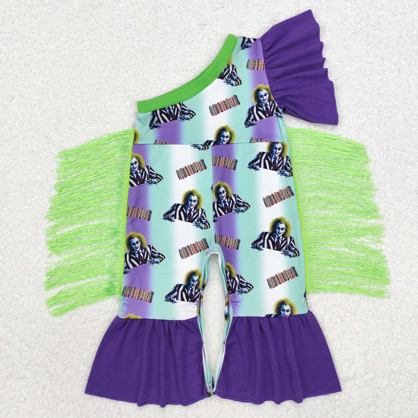 SR1944 Halloween purple green tassel sibling girl romper 202410 RTS