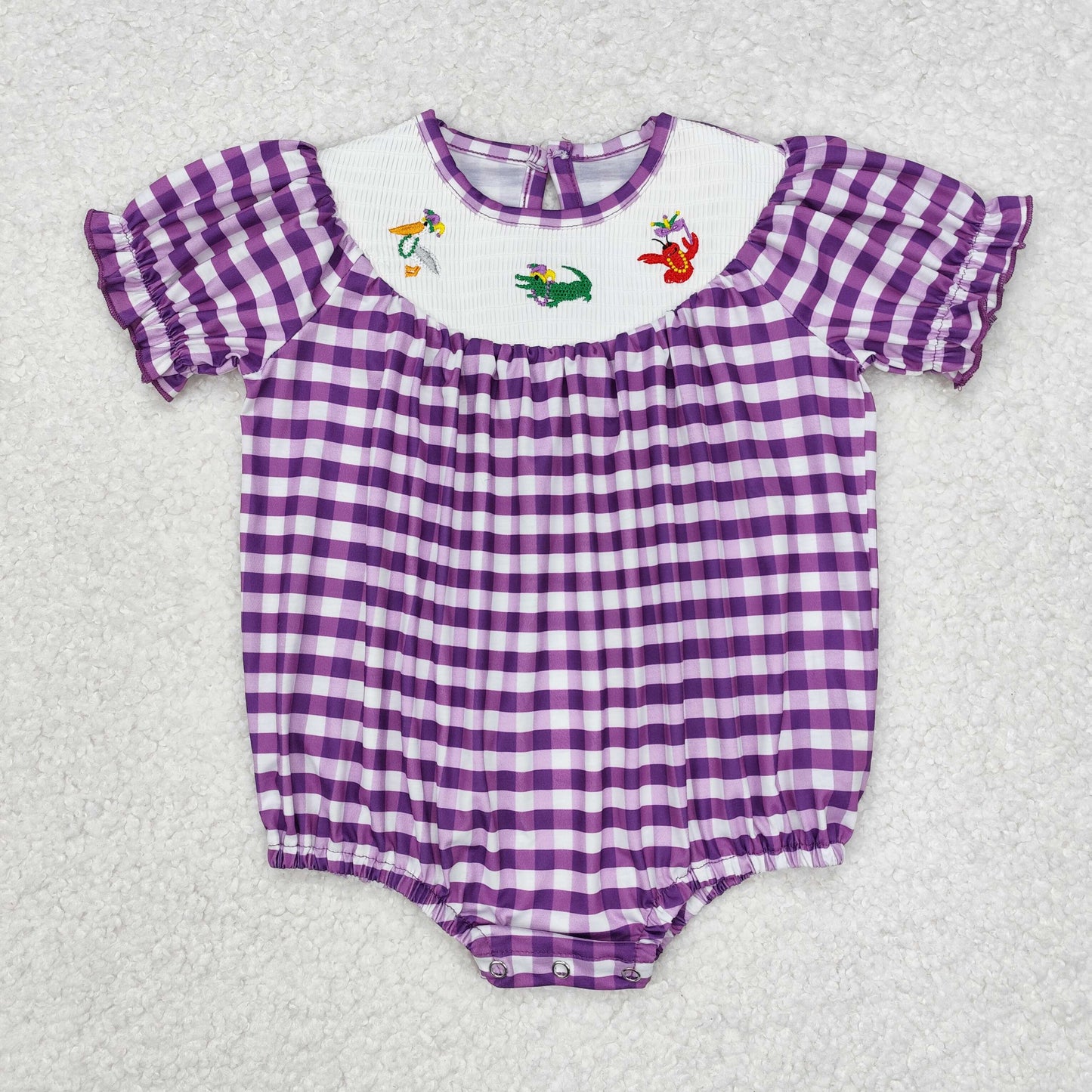 SR2060 smocked  western crocodile cray fish Mardi Gras purple girl romper 202501 sibling