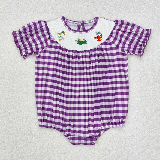 SR2060 smocked  western crocodile cray fish Mardi Gras purple girl romper 202501 sibling