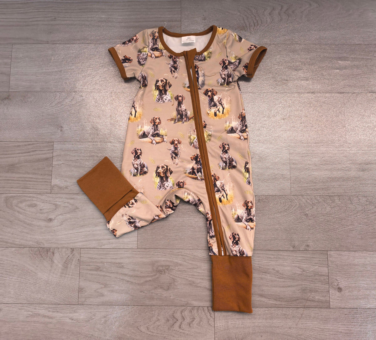 Sample-Real Pics SR2079 Baby Boy Clothes Hunting Dog Allover Print Short Sleeve Zip Front Footed Jumpsuit Romper