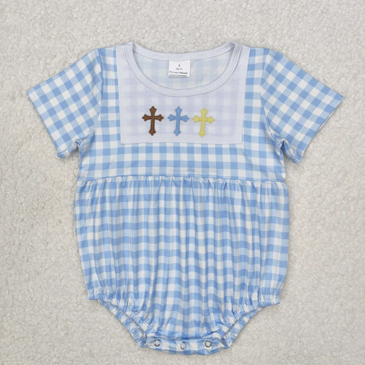 SR2134 embroidery Easter cross bow boy romper 202502  sibling