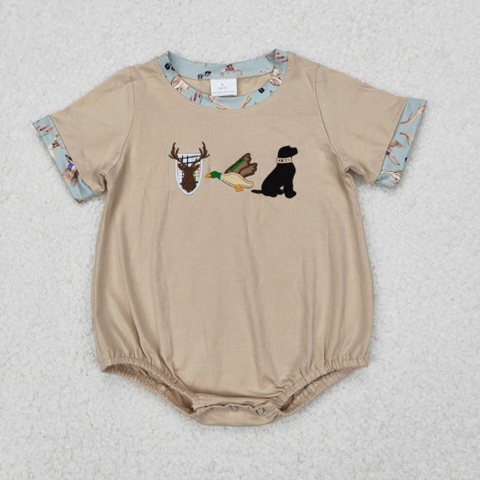 SR2338 embroidery hunting dog duck deer western  boy romper 202503 RTS sibling