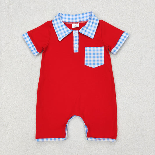SR2352 USA Flag 4th July blue pocket plaid red boy romper 202503 RTS