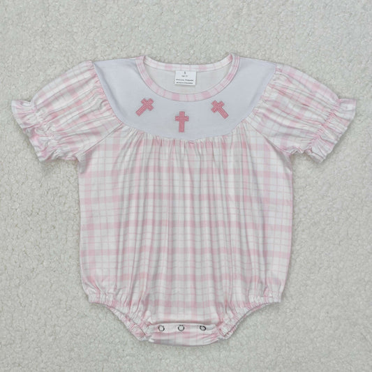 SR2504 embroidery Easter cross bow girl romper 202502  sibling RTS