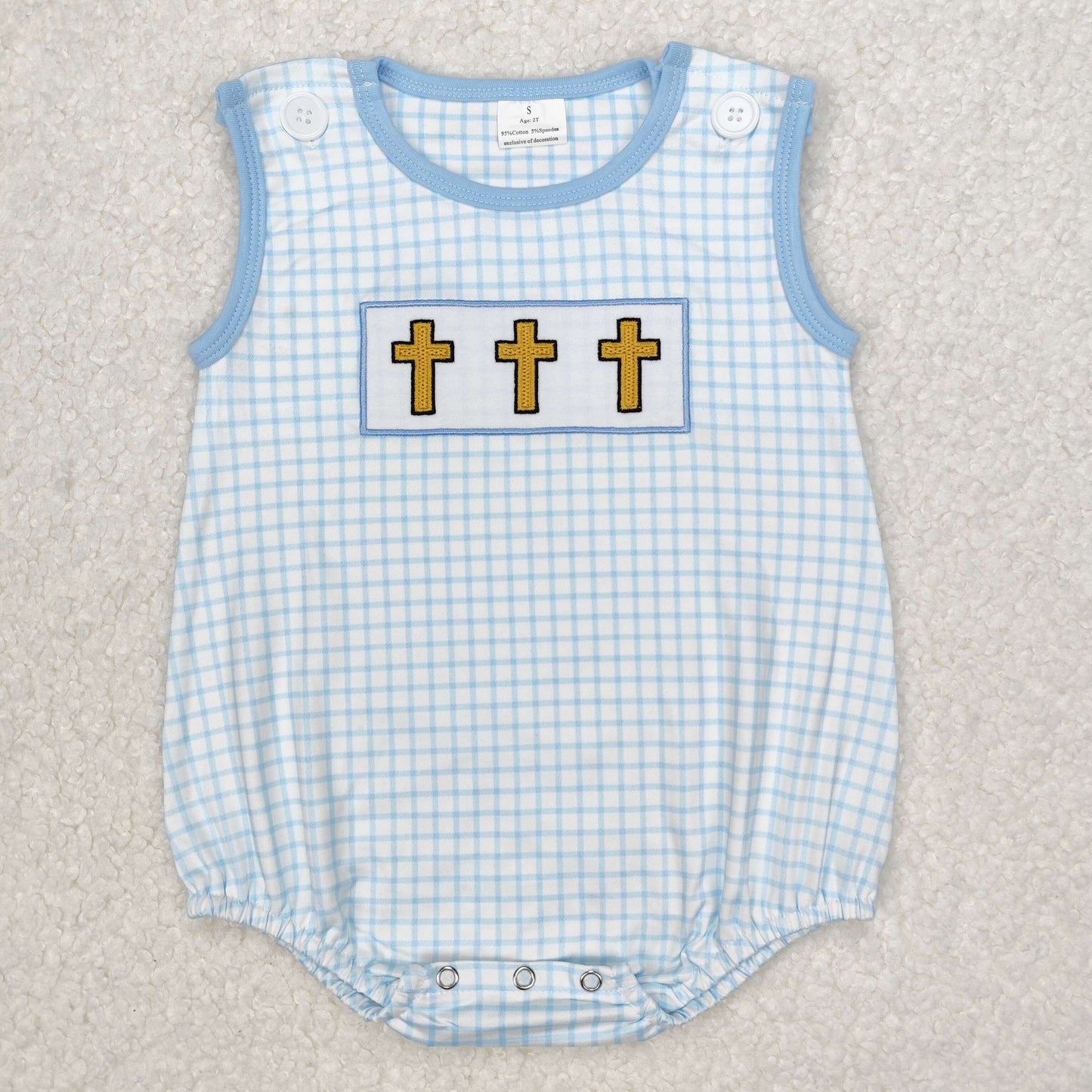 SR2505 embroidery Easter cross boy romper 202502 sibling RTS