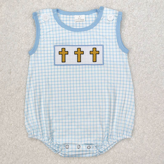 SR2505 embroidery Easter cross boy romper 202502  sibling RTS