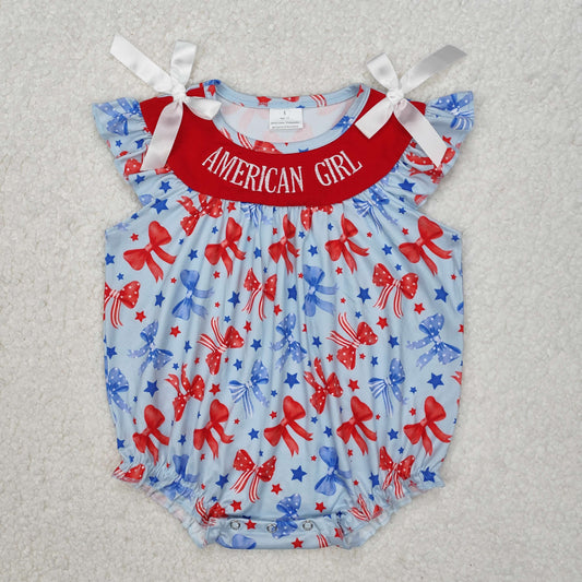 SR2589 embroidery bow 4th July American girl romper 202502 RTS sibling