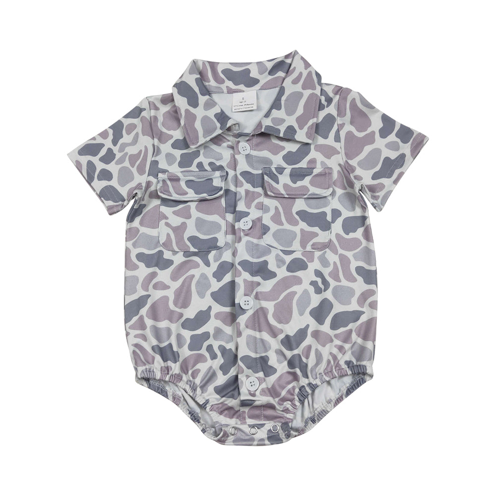 NO MOQ RTS SR3654 Baby Boy Clothes Lavender Grey Camo Print Short Sleeve Pocket Shirt Bubble Romper 202610