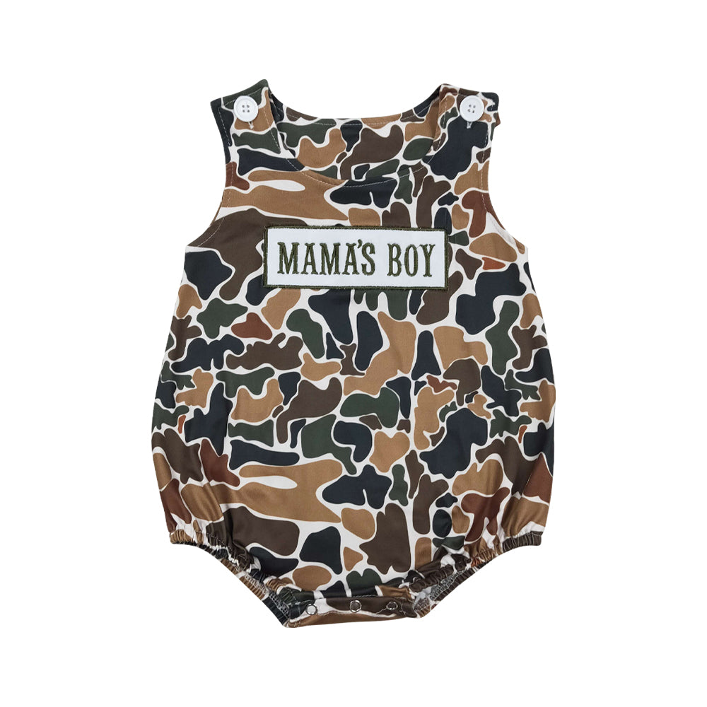 NO MOQ RTS SR3908 Baby Boy Clothes MAMA'S BOY Letter Patch Classic Retro Camo Print Sleeveless Bubble Romper 202610