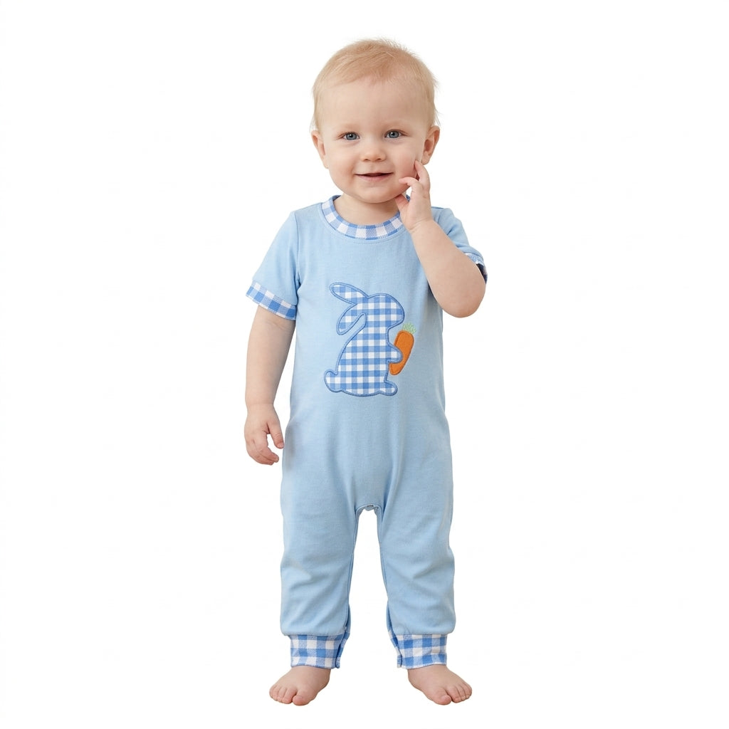 NO MOQ RTS SR4297-embroidery Baby Boy Clothes Easter Gingham Bunny Carrot Embroidery Short Sleeve Romper 202610