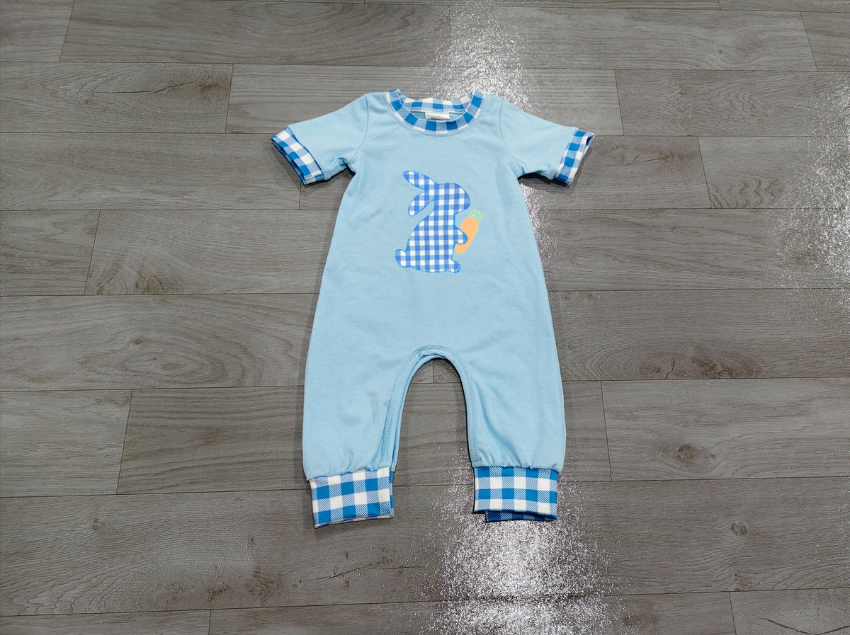 Sample-Real Pics SR4297 Baby Boy Clothes Blue Gingham Bunny Carrot Mixed Print Short Sleeve Romper