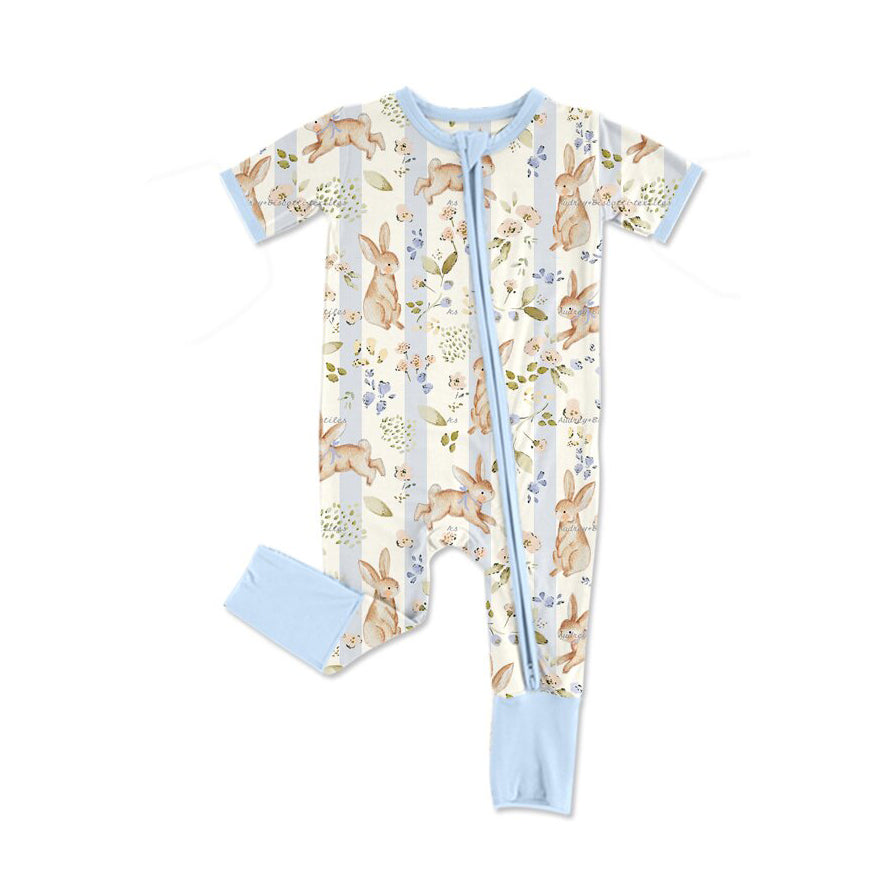 Preorder (moq 5) SR4332 Baby Clothes Bunny Floral Stripe Allover Print Short Sleeve Zipper Baby Romper