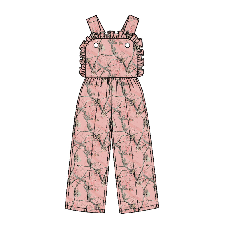 Preorder (moq 5) SR4333 Baby Girl Clothes Pink Tree Camo Mixed Print Sleeveless Ruffle Strap Wide Leg Jumpsuit