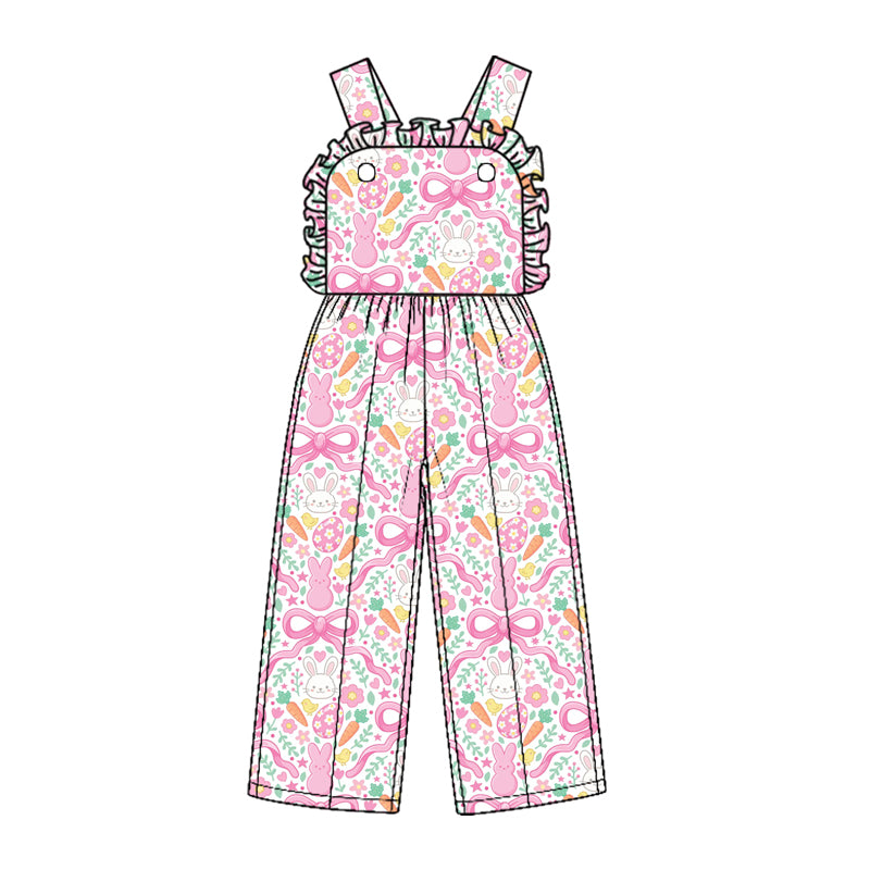 Preorder (moq 5) SR4335 Baby Girl Clothes Easter Bunny Bow Carrot Mixed Print Sleeveless Ruffle Strap Wide Leg Jumpsuit