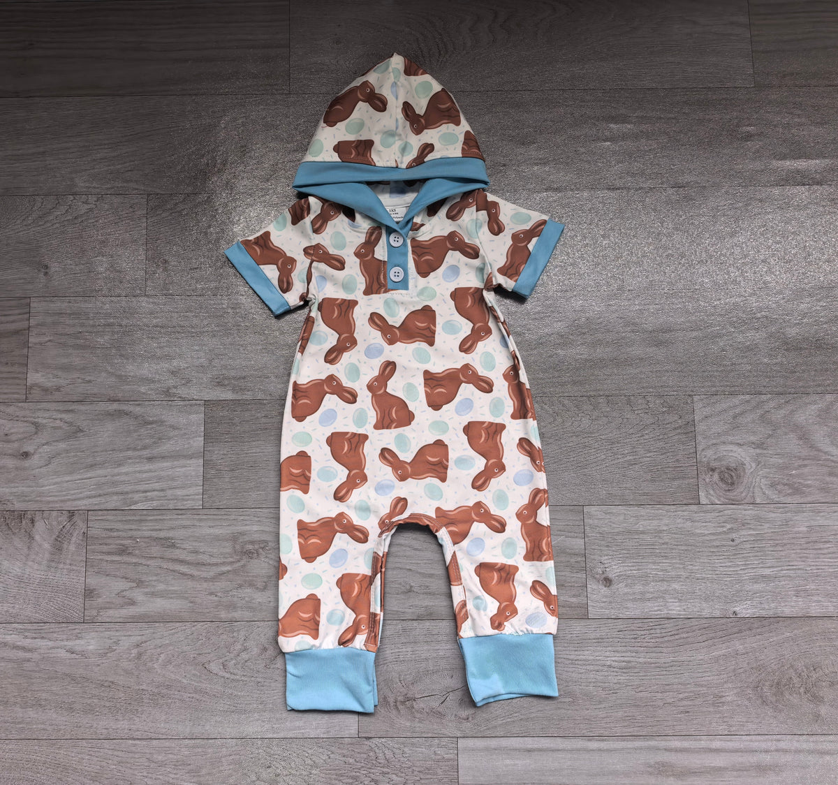 Sample-Real Pics SR4339 Baby Boy Clothes Easter Chocolate Bunny Egg Print Short Sleeve Hooded Romper