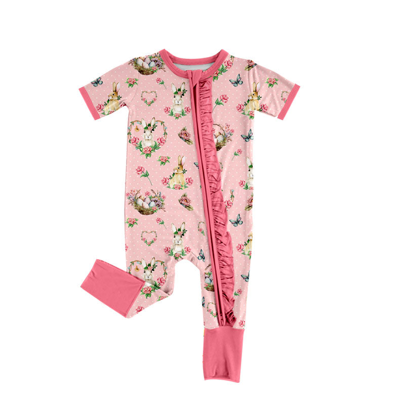 Preorder (moq 5) SR4342 Baby Girl Clothes Easter Bunny Floral Butterfly Mixed Print Short Sleeve Zipper Romper