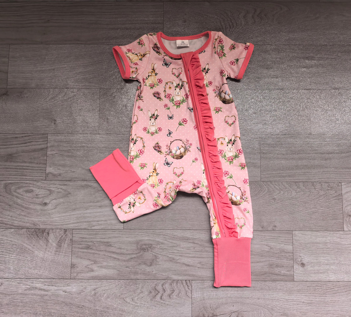 Sample-Real Pics SR4342 Baby Girl Clothes Pink Cow Print Short Sleeve Zipper Romper