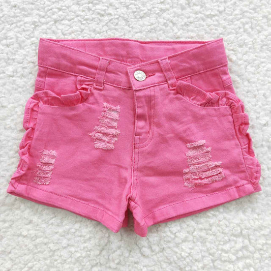 SS0013 RTS ruffle pockets girl button hot pink ripped denim shorts 20230503 RTS