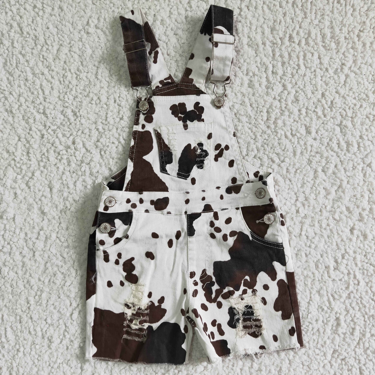 SS0019 RTS pockets button COW print blue denim suspender shorts RTS 202501
