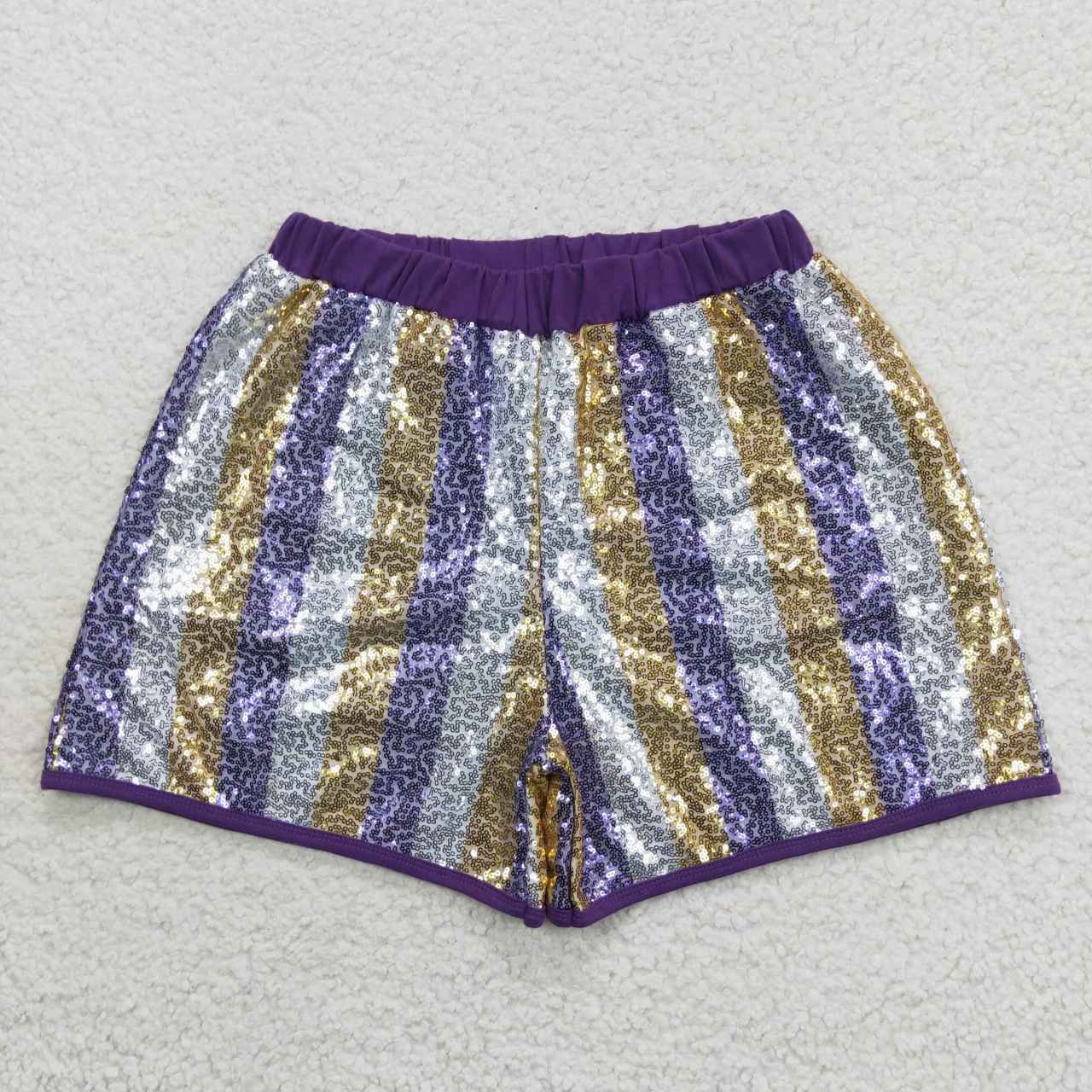 SS0118 adult sequin shorts mommy & kids Stripe football team purple white yellow RTS