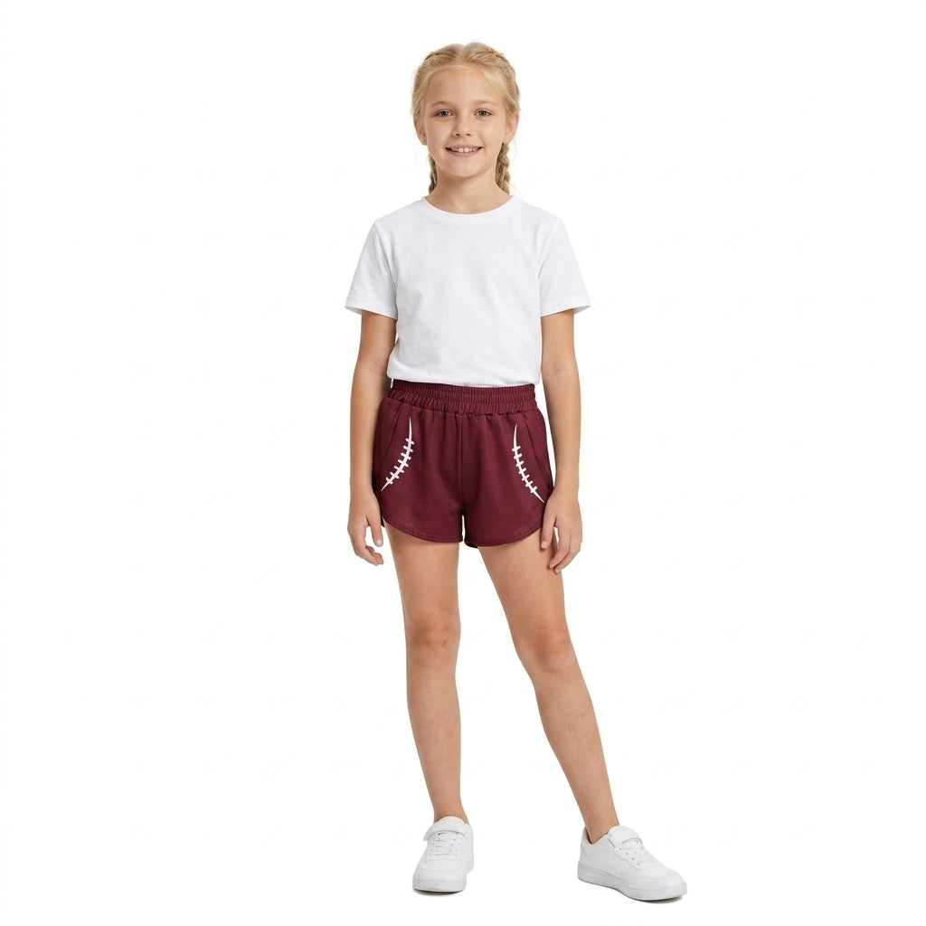 NO MOQ RTS SS0913-yoga Baby Girl Clothes Maroon Solid Football Stitch Print Athletic Shorts 202610