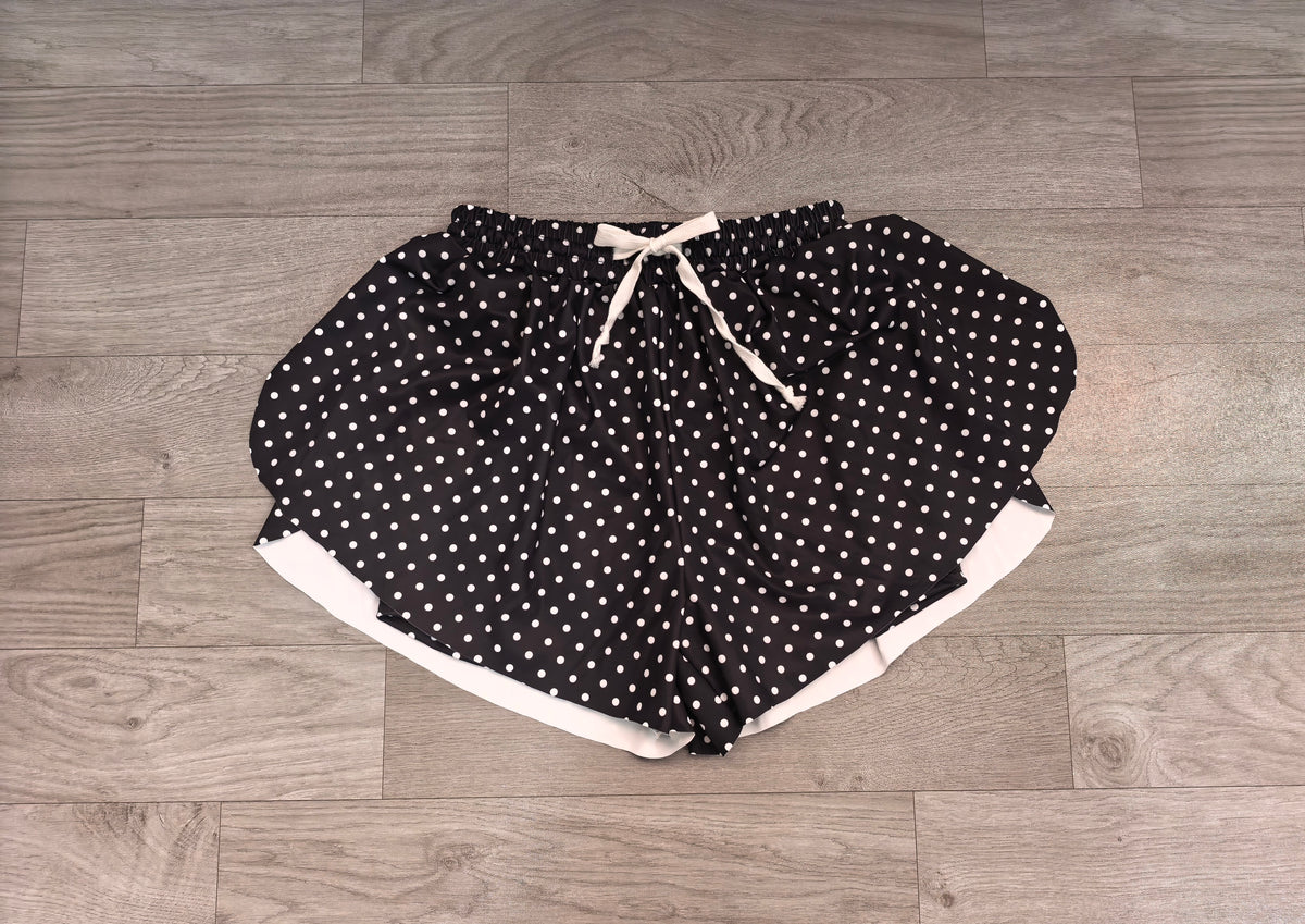 Sample-Real Pics SS0975 Women Clothes Black White Polka Dot Print Short Sleeve Skort