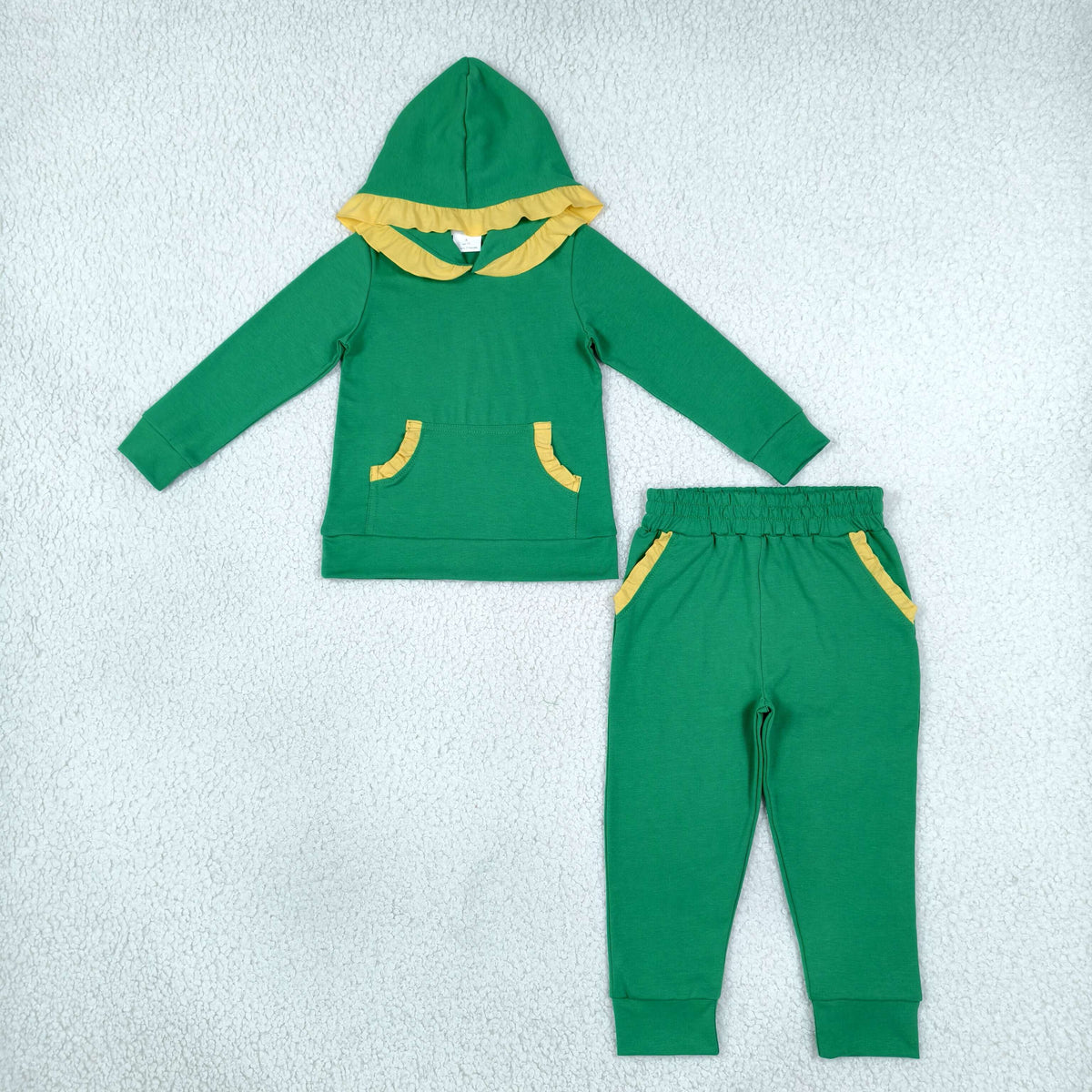 NO MOQ RTS GLP3569 (2) Baby Girl Clothes Solid Green Plain Color Block Long Sleeve Hooded Top Jogger Pant Set 202610