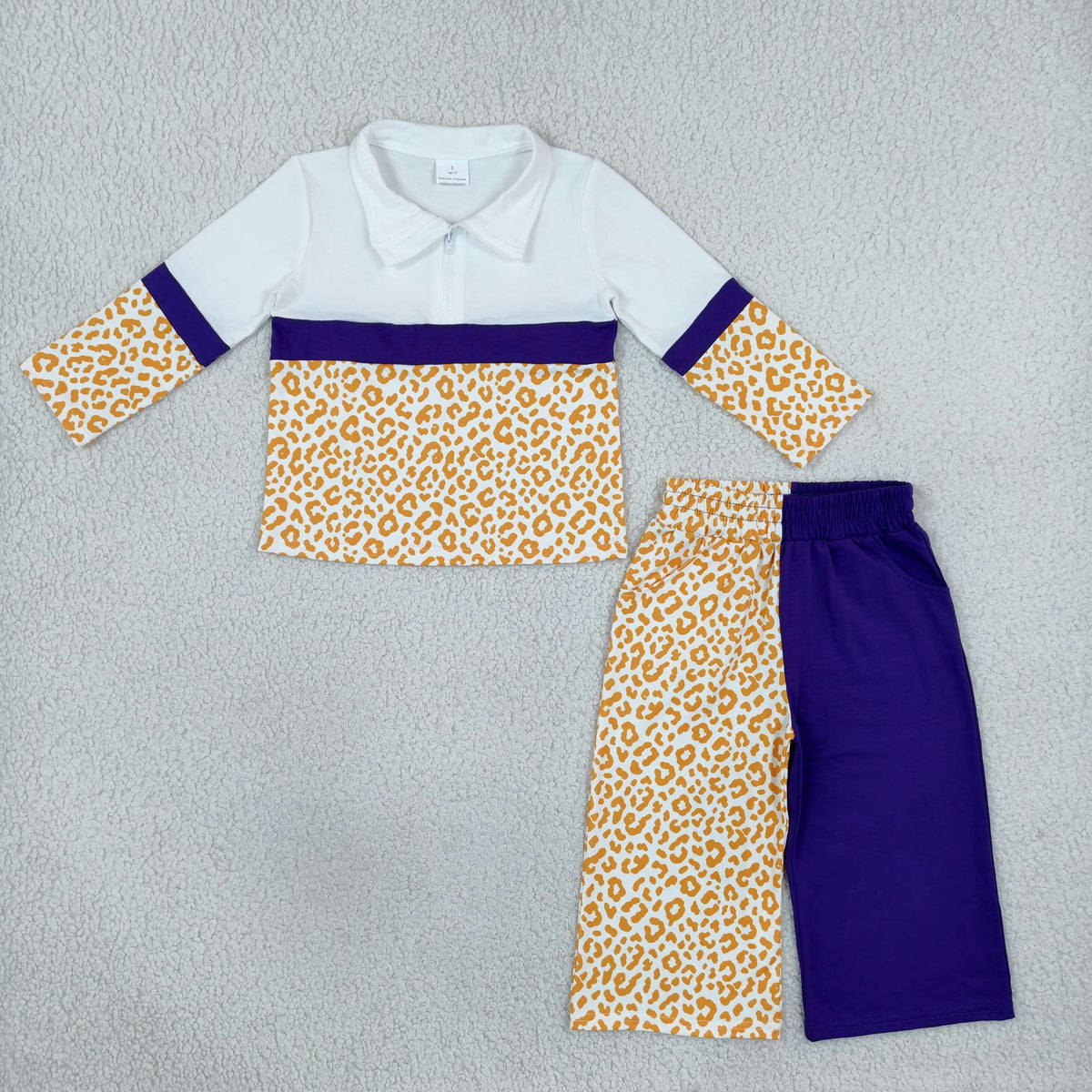 NO MOQ RTS GLP3580 Baby Girl Clothes Orange Leopard Color Block Print Long Sleeve Split Pant Set 202610