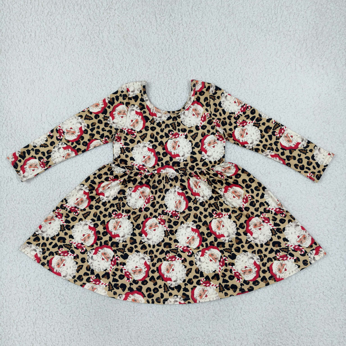 NO MOQ RTS GLD1761 Baby Girl Clothes Leopard Santa Mixed Print Long Sleeve Twirl Dress 202610