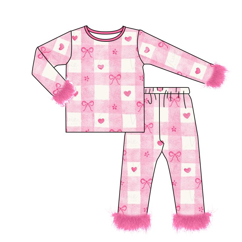 GLP2214 checkerboard love Valentine's Day fluffy fur love baby clothes girl pajamas outfit 202411 preorder sibling