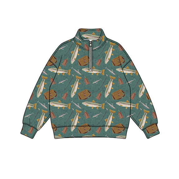 Preorder (moq 5) Baby Boy Clothes Rustic Trout Fishing Gear Print Long Sleeve Quarter Zip Top