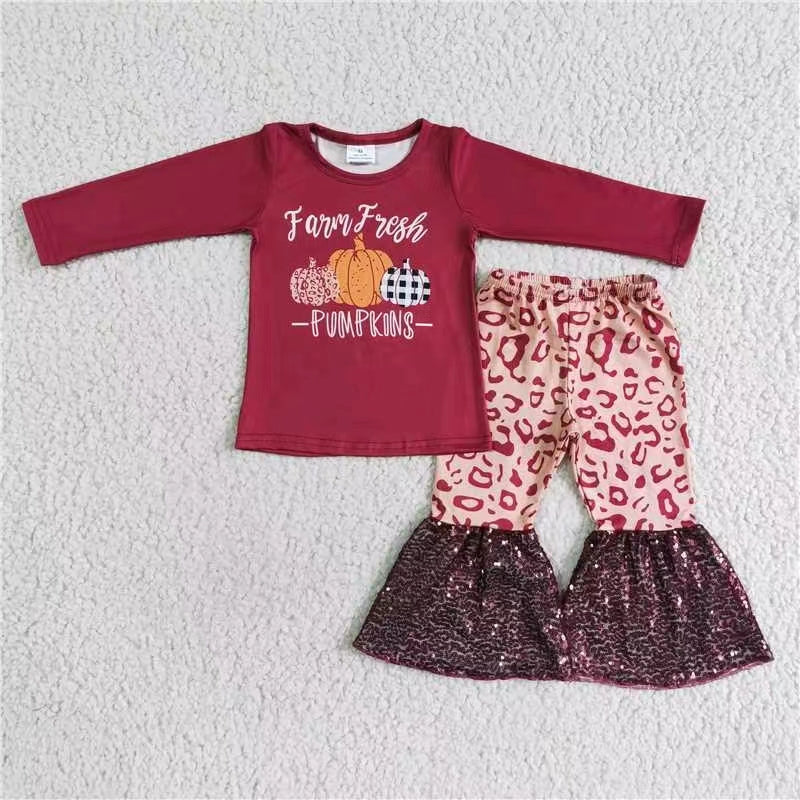 promotion RTS 6 A25-14 red sequins pumpkin leopard long sleeve bell bottom pant outfit