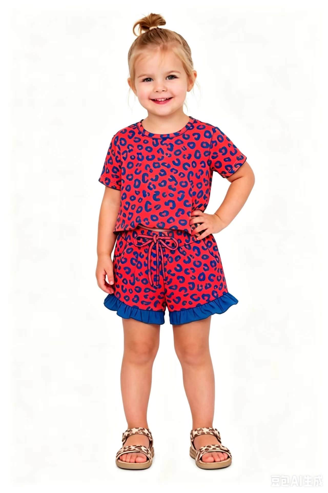 GSSO3811 Red Blue Leopard Set ruffle GIRL summer outfit shorts 202608 RTS