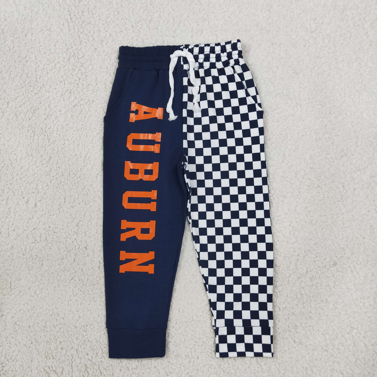 NO MOQ RTS P1057-vinyl Baby Boy Clothes Split Design Checkerboard Letter Print Jogger Pants 202610
