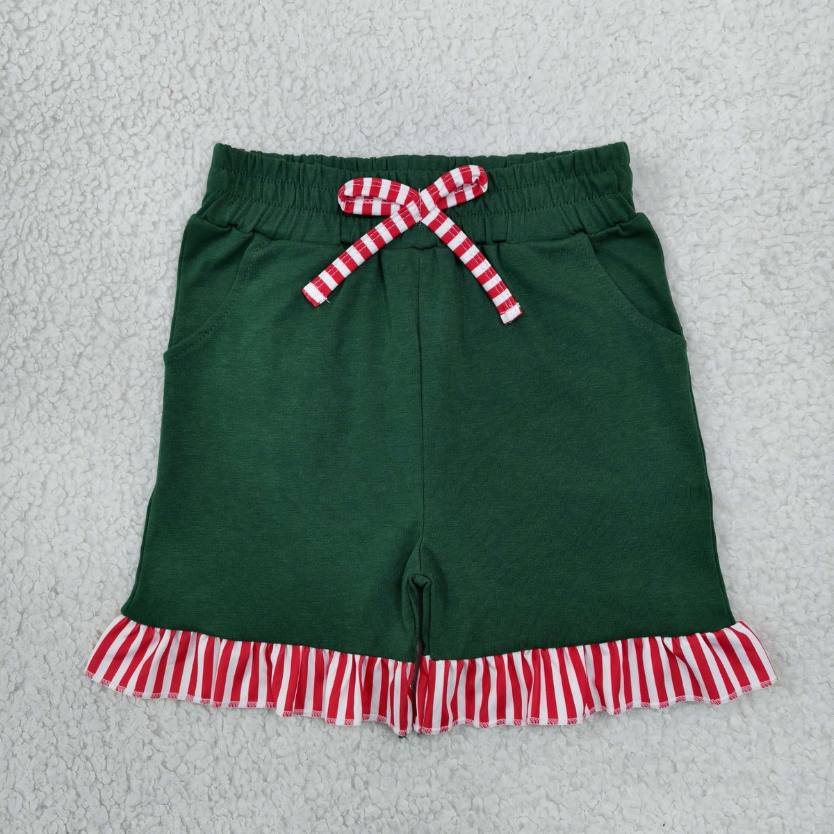 NO MOQ RTS SS1002 Baby Girl Clothes Dark Green Solid Red Stripe Ruffle Trim Casual Shorts 202610