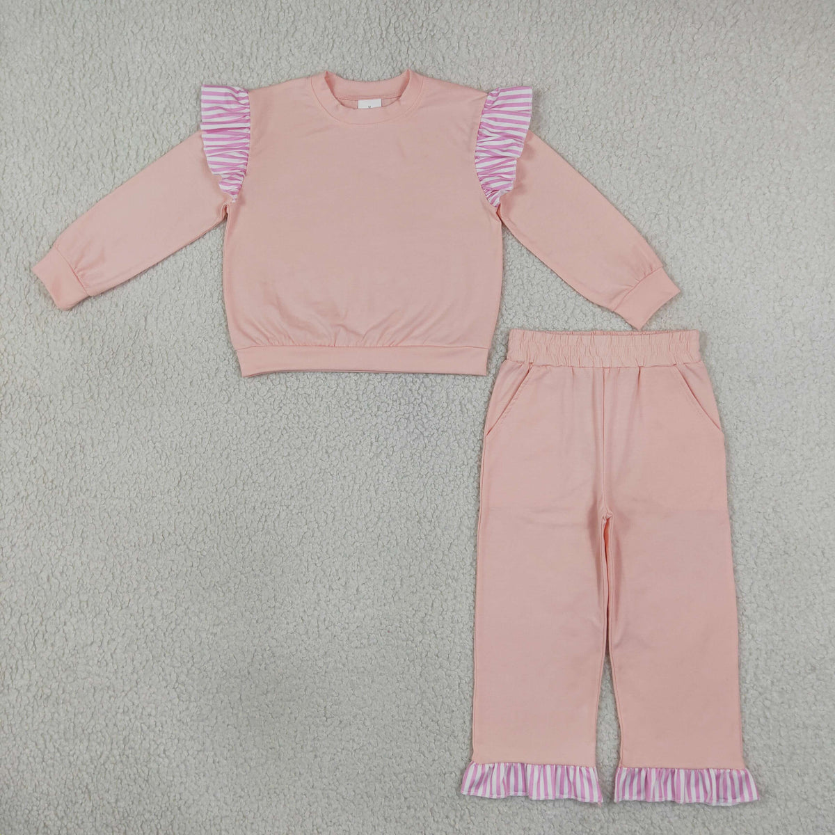 NO MOQ RTS GLP3702-bundle (2) Baby Girl Clothes Pink Stripe Ruffle Solid Long Sleeve Pant Set 202610