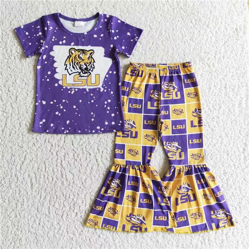Promotion RTS GSPO0210 LSU football team tiger purple yellow girl short sleeve top pant outfit 0929