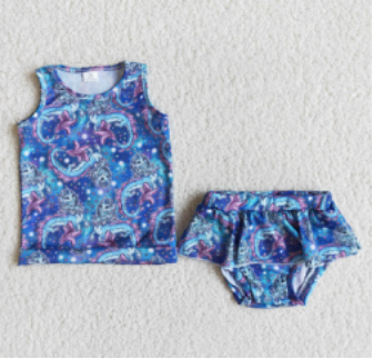 E13-19 unicorn print pink blue girl ruffles swimwear