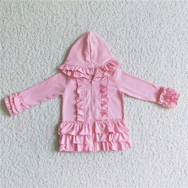 GT0021 Light pink Ruffle print zipper design hoodie loose kids coat 20230819RTS