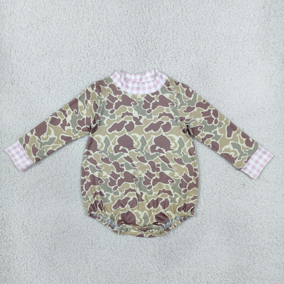 NO MOQ RTS LR3280 Baby Girl Clothes Neutral Camo Pink Gingham Trim Print Long Sleeve Bubble Romper 202610