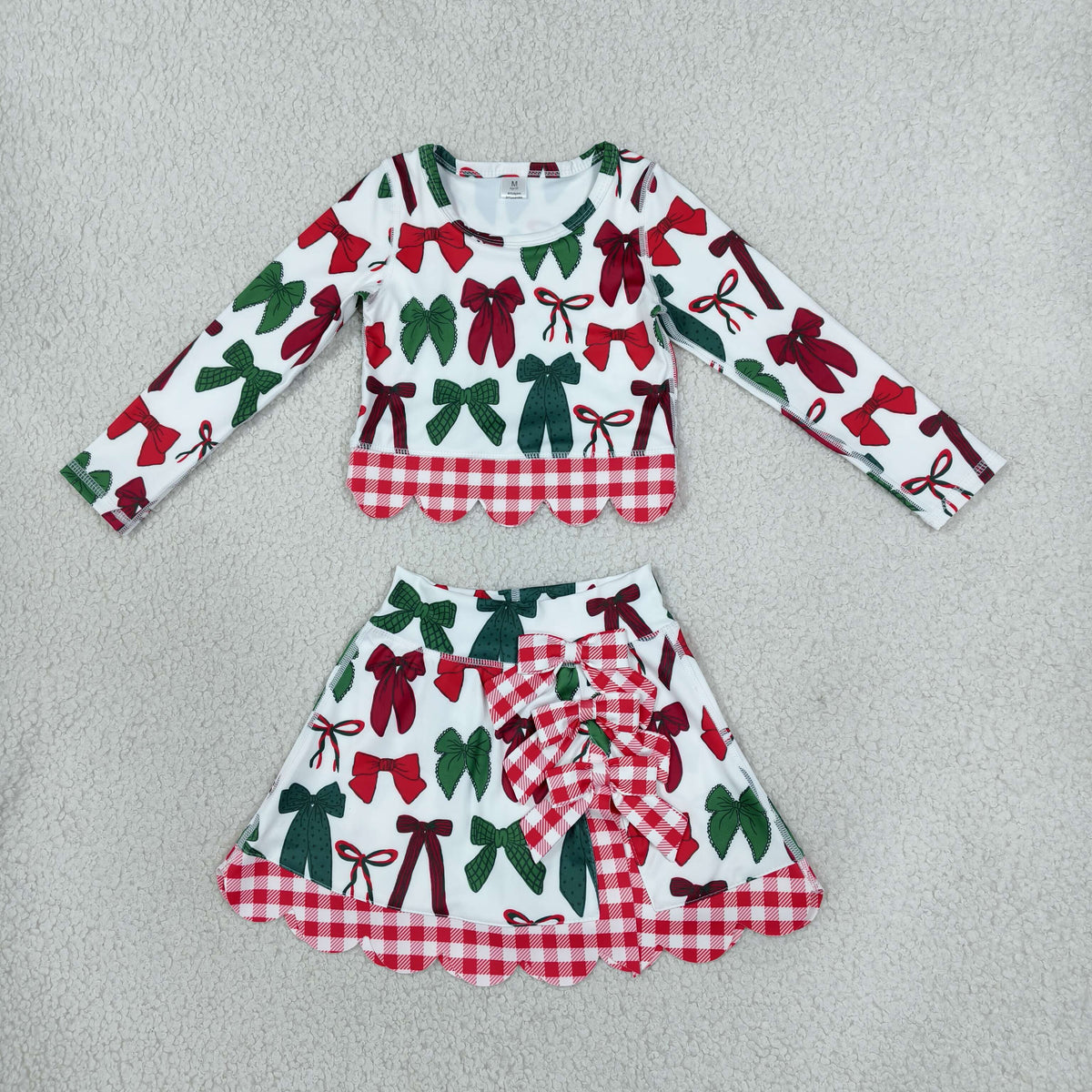 NO MOQ RTS GLD1677 Baby Girl Clothes Red Green Bow Mixed Print Long Sleeve Scalloped Top Skirt Set 202610