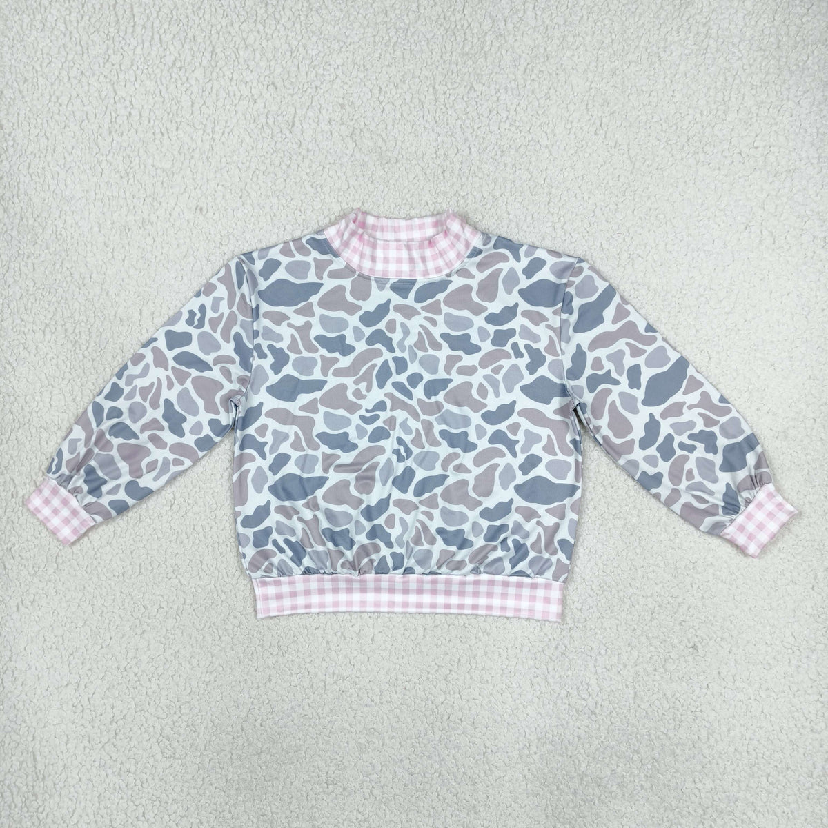 NO MOQ RTS GT1874 Baby Girl Clothes Grey Cow Camo Pink Gingham Trim Print Long Sleeve Cropped Top 202610