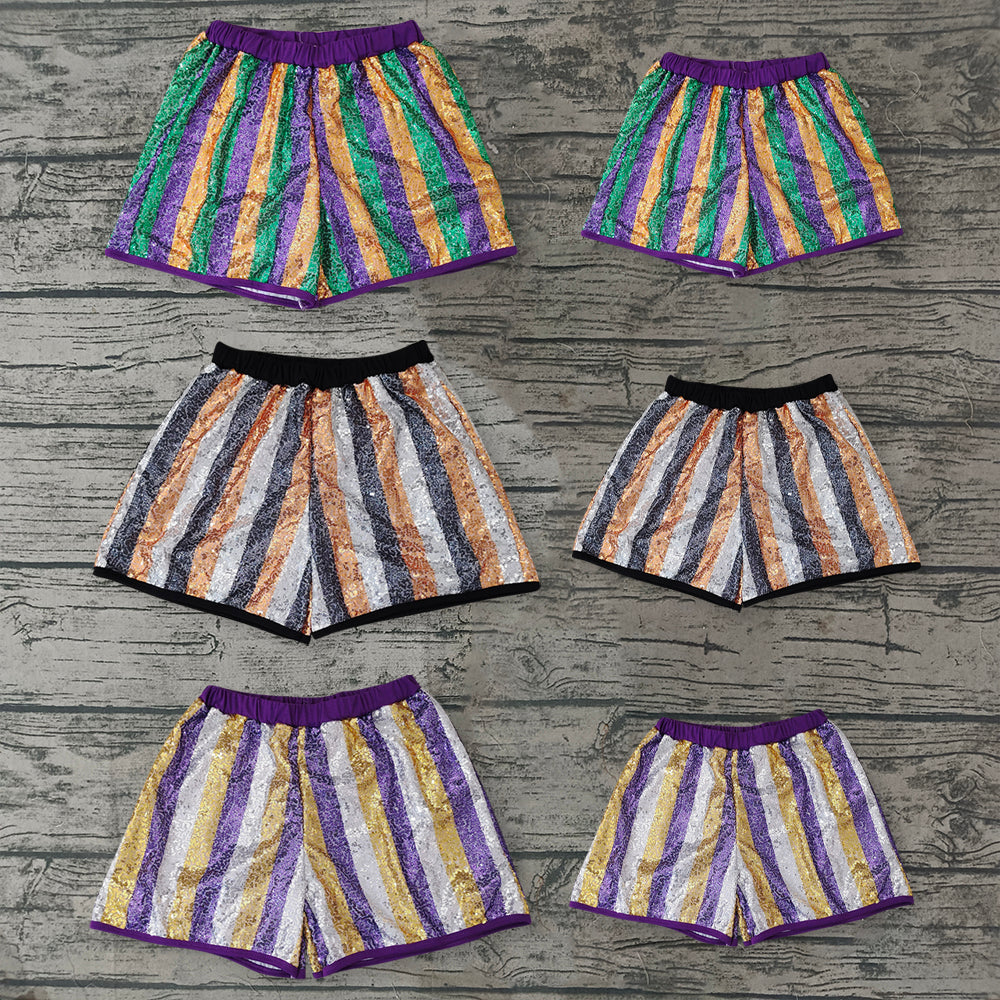 SS0118 adult sequin shorts mommy & kids Stripe football team purple white yellow RTS