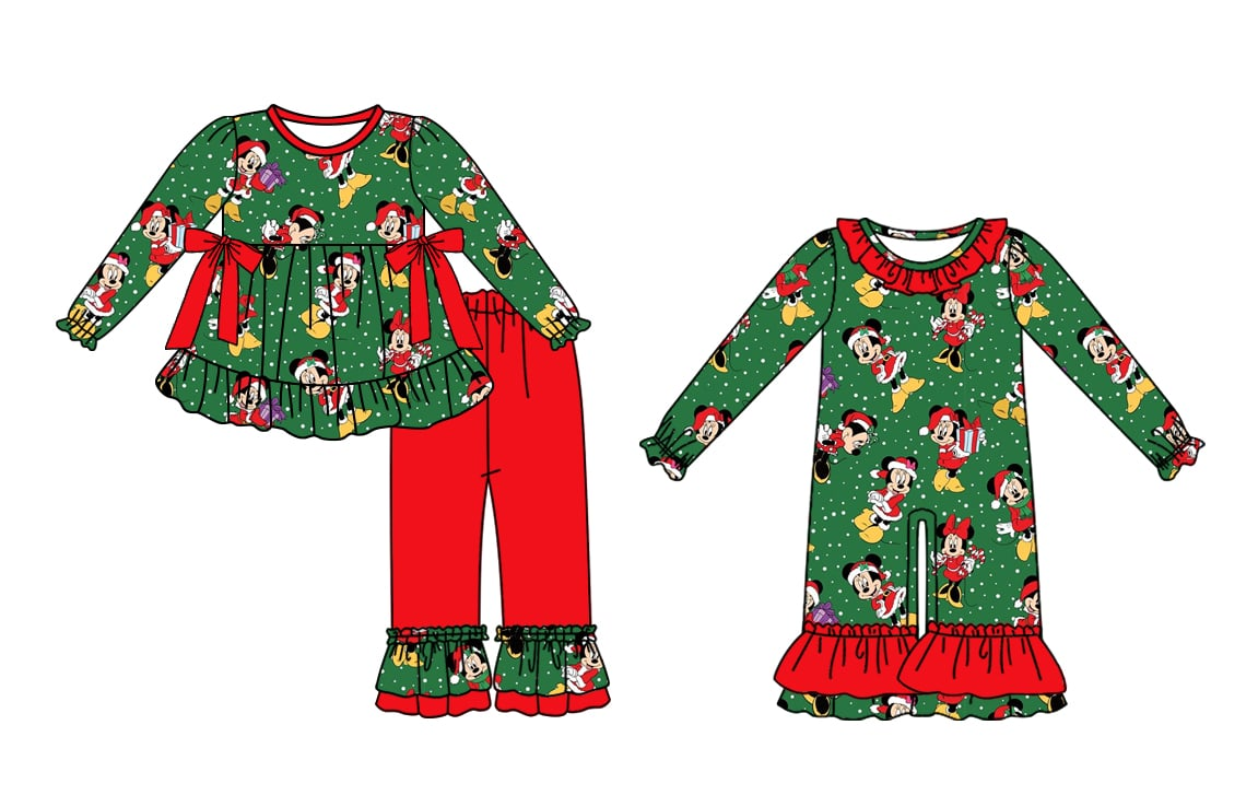MOQ5 CUSTOM Green Minnie Mouse Christmas sibling girl pajamas outfit 202508