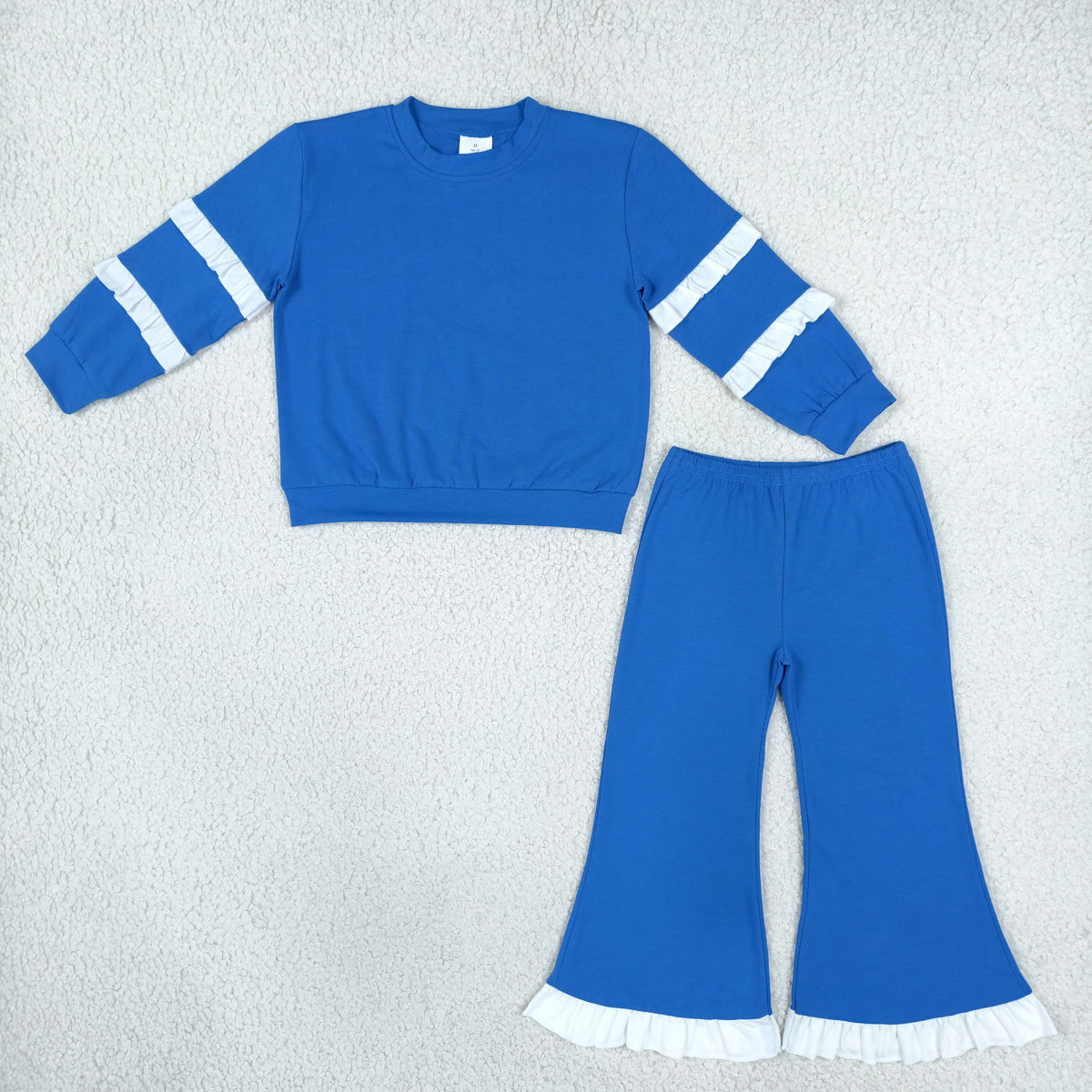 NO MOQ RTS GLP3719-bundle Baby Girl Clothes Solid Blue Ruffle Sleeve Long Sleeve Flare Pant Set 202610