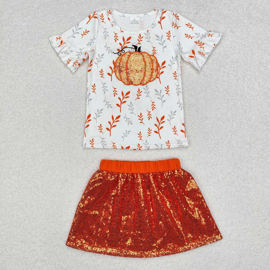 GSD1437 Halloween pumpkin sequin orange skirt sibling  girl skirt outfit 20059 RTS