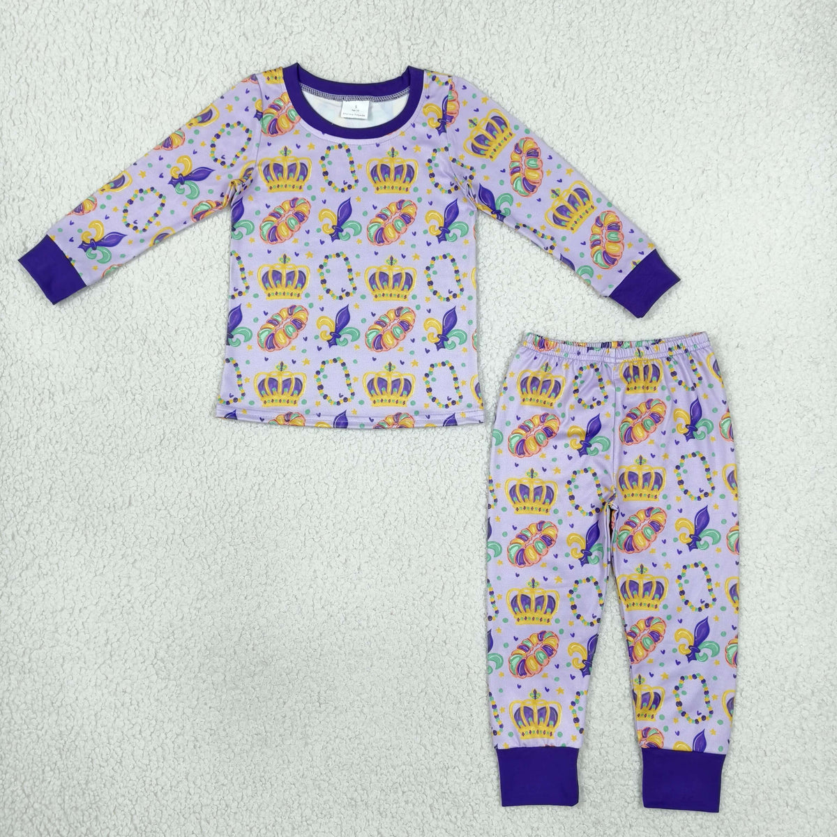 NO MOQ RTS BLP1610 Baby Girl Clothes Mardi Gras Crown Bead Fleur De Lis Print Long Sleeve Pajama Set 202610