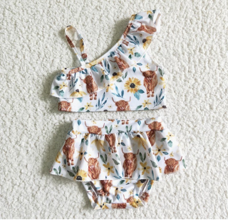S0025 cow flowers girls swimwear RTS