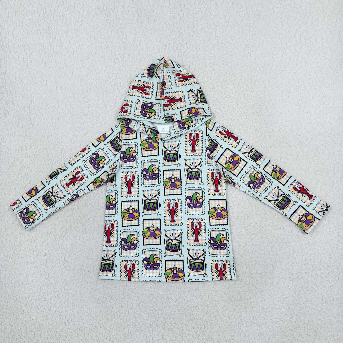 NO MOQ RTS BT1968 Baby Girl Clothes Mardi Gras Crawfish Mask Drum Cartoon Grid Print Long Sleeve Hooded Tee 202610